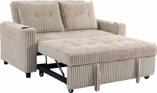 HOMCOM Corduroy Click Clack 2 Seater Sleeper Sofa Bed with Pull Out Design and Scatter Cushions, Beige White