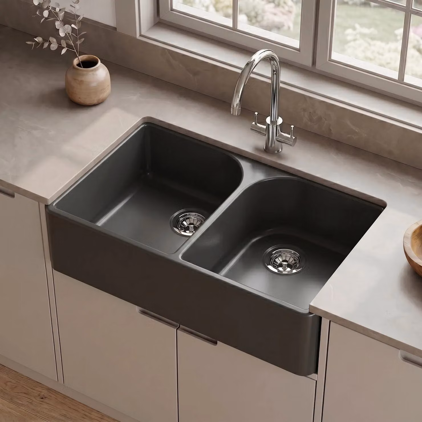 Balterley Ceramic 2 Bowl Butler Kitchen Sink in Dark Grey W: 79.5 cm, D: 50 cm – 6