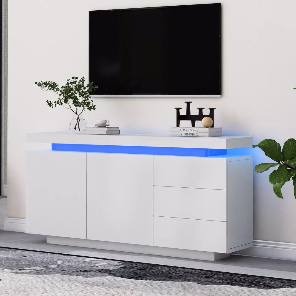 Rolipo Modern White High Gloss LED Sideboard with 2 Doors and 3 Drawers – 3