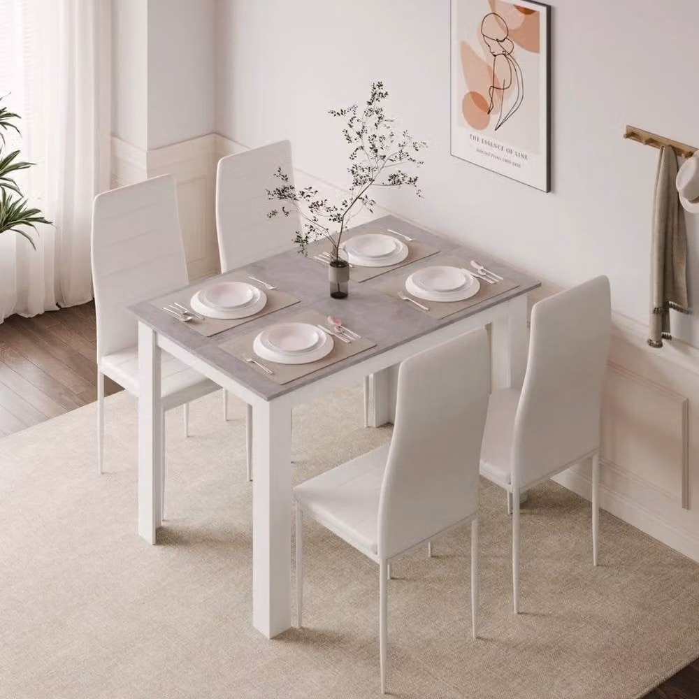 PAWNORA Modern Grey Dining Table and 5 White Chairs Set – 2