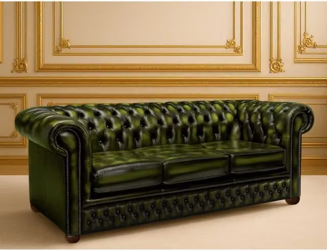 Somnior Beds Ltd Green Leather Chesterfield 3 Seater Sofa with Solid Wood Frame