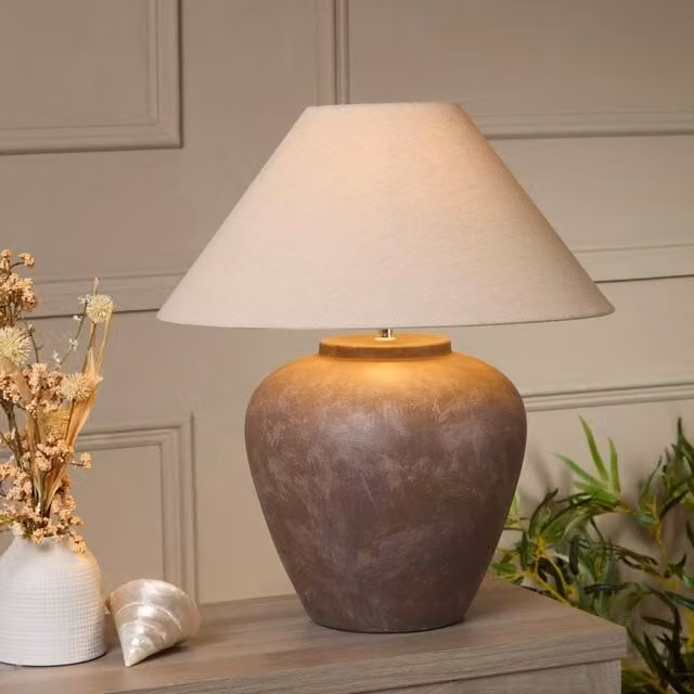 Lighting Collection Large Brown and Beige Ceramic Table Lamp with Fabric Shade – 1
