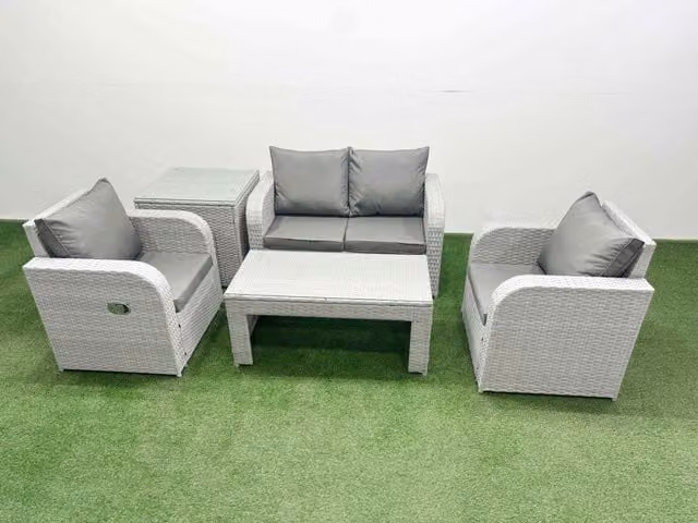 Fimous 4 Seater Grey PE Wicker Rattan Garden Furniture Set with Reclining Adjustable Chairs, Oblong Coffee Table and Side Table