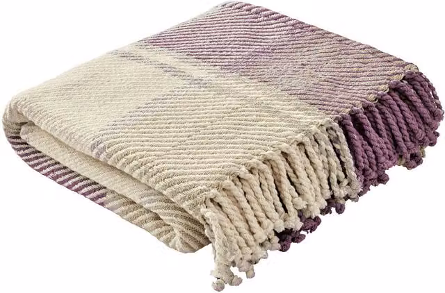 Laura Ashley Dylan Woven Cotton Checked Throw with Fringes, Purple, W: 150 cm, D: 200 cm