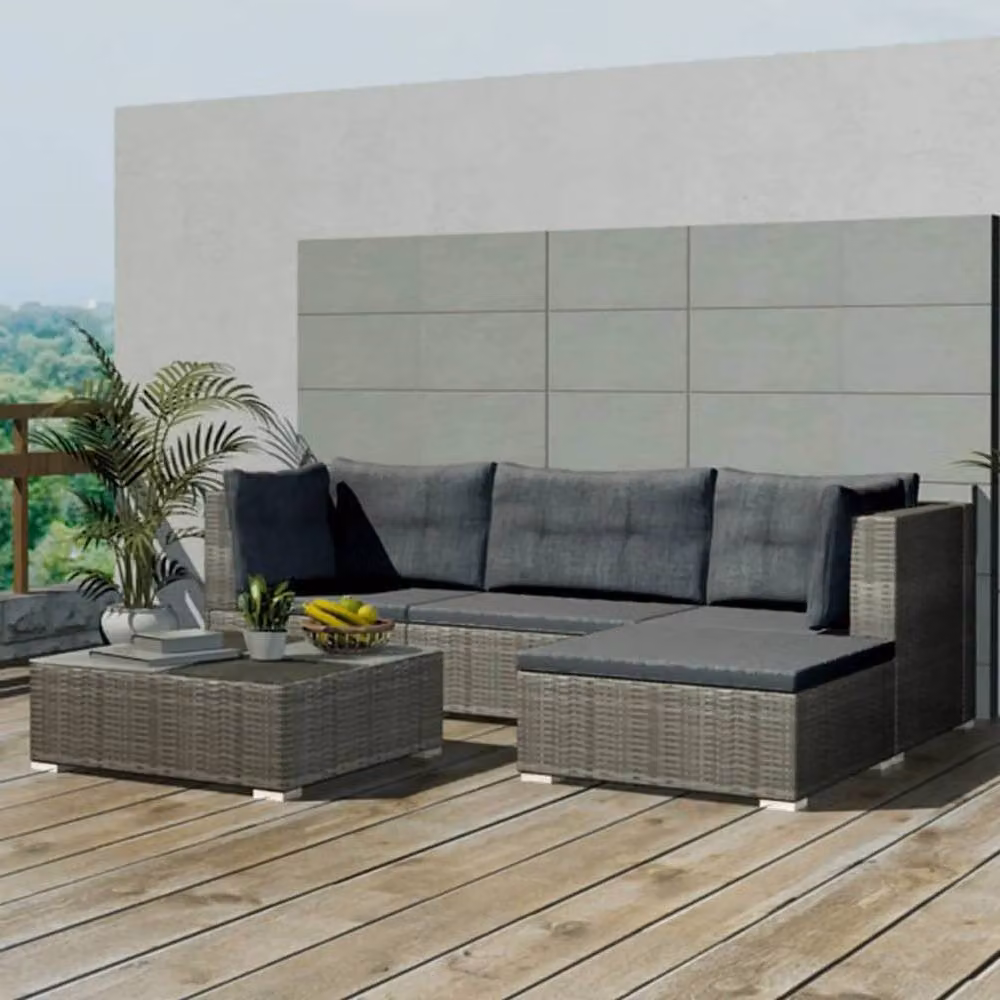 Berkfield Home Modern 5 Piece Grey Poly Rattan Garden Lounge Set with Cushions and Ottoman – 3