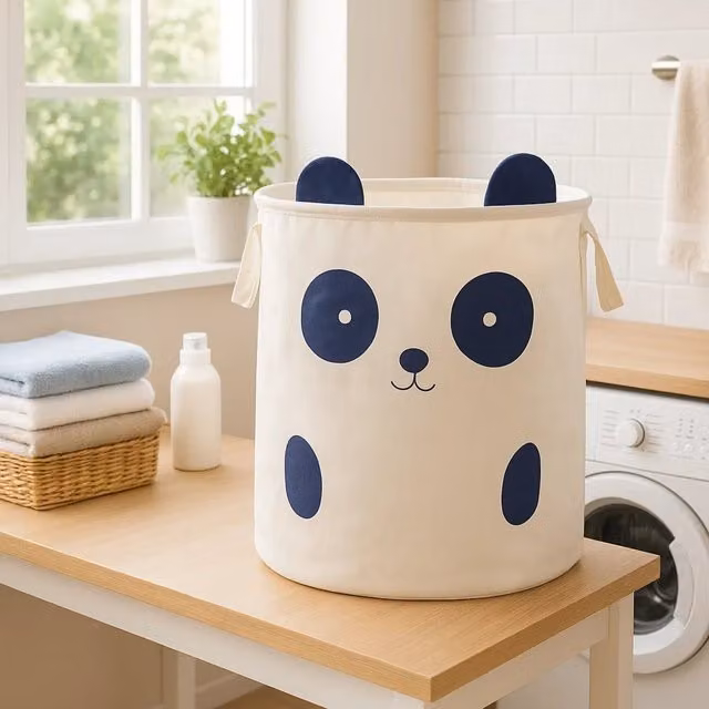 Orsina Mimo Panda Face Cotton Fabric Laundry Bag with Handles in White and Blue