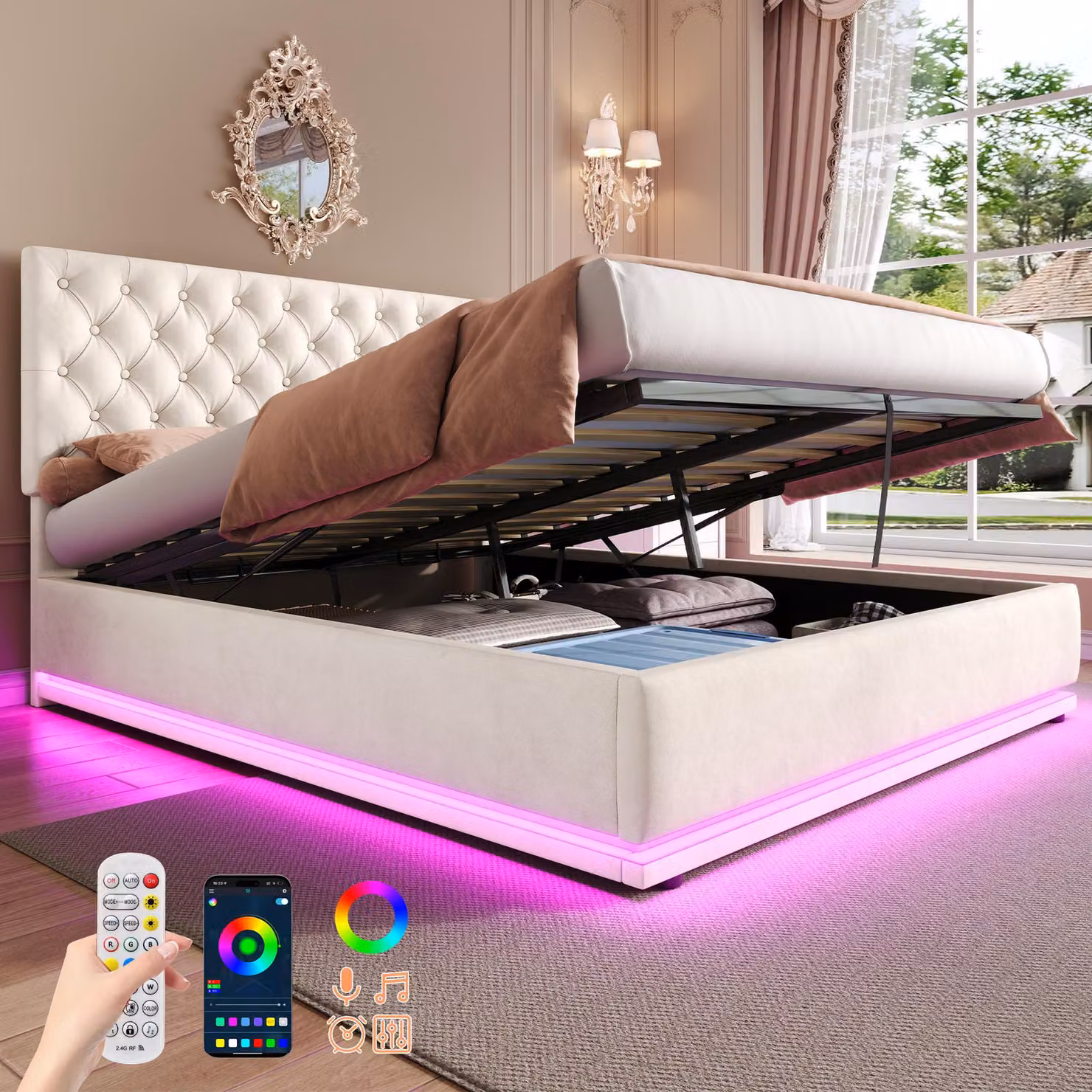Aosom.UK Beige Velvet Ottoman Double Bed with Adjustable Headboard, LED Lighting and Hydraulic Storage, W/D/H: 142 x 195 x 102-112 cm – 4
