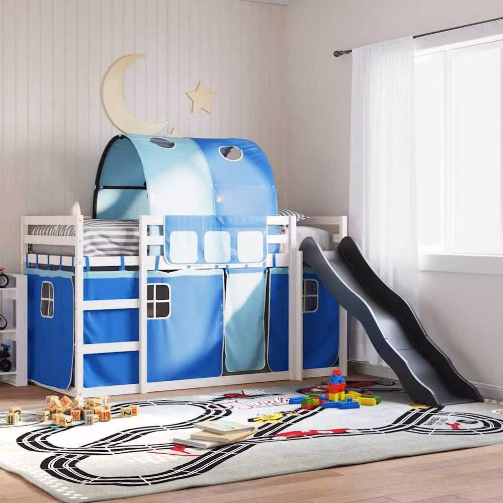 Berkfield Home Elegant Blue Bunk Bed with Slide and Curtains, Solid Pine Wood, W/D/H: 90 x 200 cm – 2