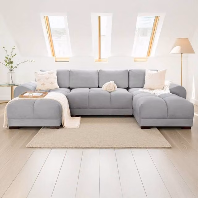 Furnishings For Less UK Zura Grey Fabric Large U-Shaped 4-5 Seater Sofa with Wooden Legs