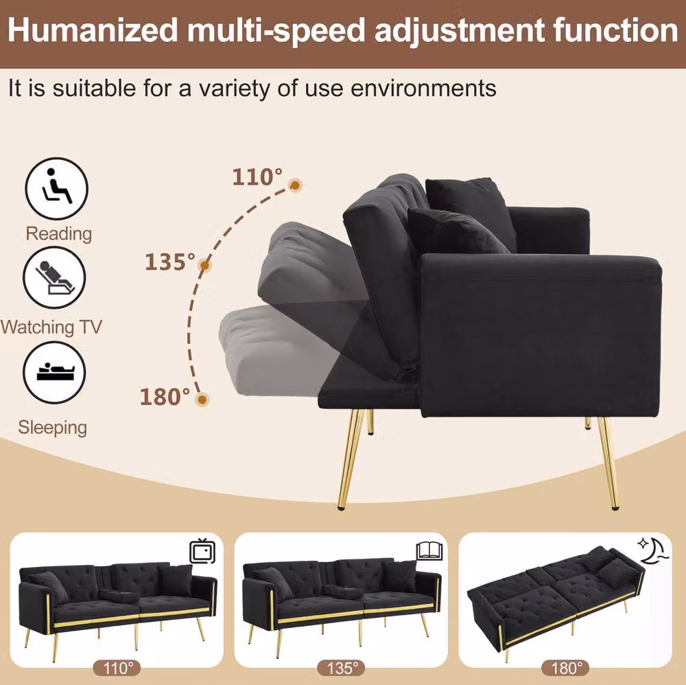 STILVORA 2-Seater Velvet Sofa Bed in Black with Adjustable Headrest and Cup Holders – 5