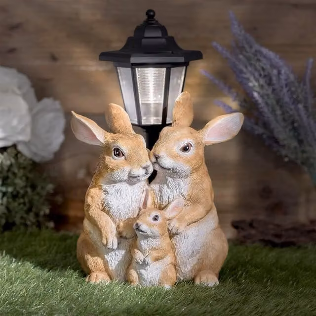 GloBrite Solar Rabbit Family Garden Lantern in Black Resin, Height: 38 cm