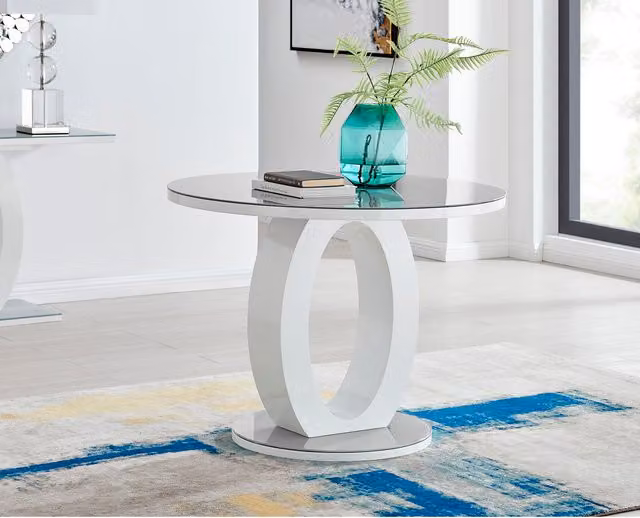 FurnitureboxUK Giovani Round Grey Glass Dining Table and 4 Black Pesaro Upholstered Chairs