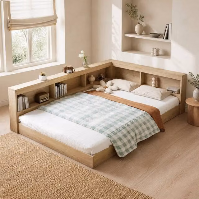 STILVORA Double Bed Frame with Storage in Oak and Khaki, W/D/H: 140 x 200 cm – 1