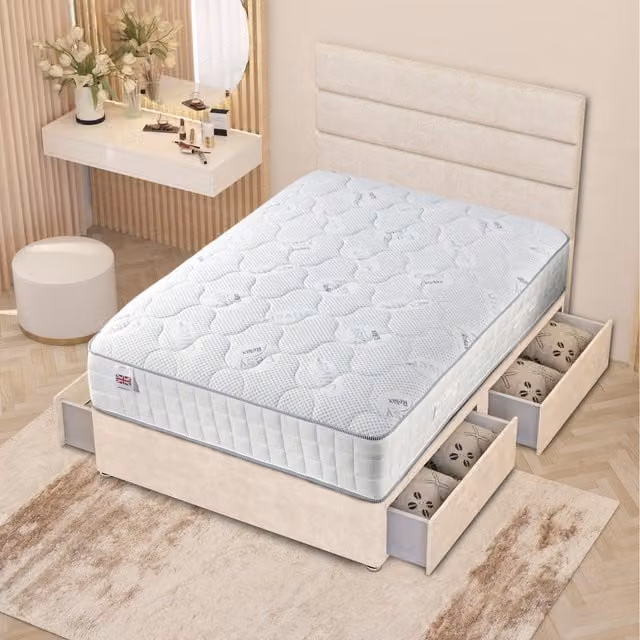 Somnior Beds Ltd Modern Upholstered Fabric Bed Frame and Headboard Set with Drawers, W/D/H: 200 x 200 cm, Beige