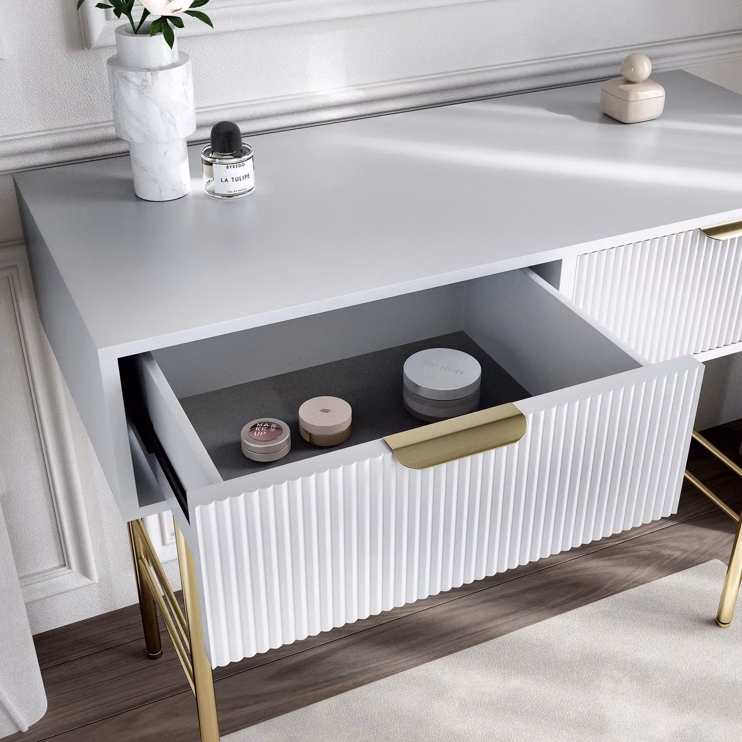Carme Home Esme White Dressing Table with Ribbed Drawers and Gold Accents – 2