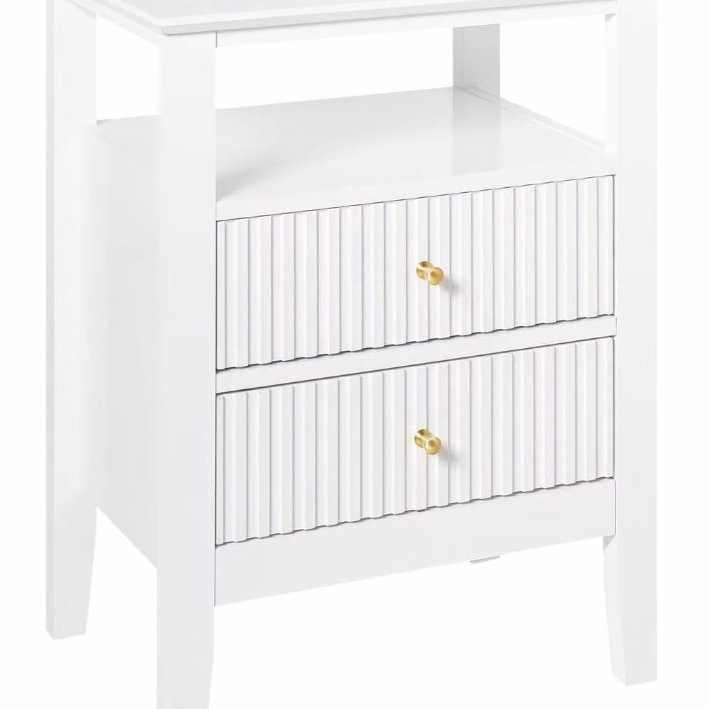Wyld and Coco Luxe White Wood Wall Mounted Bedside Table with 2 Soft Close Drawers and Gold Handles