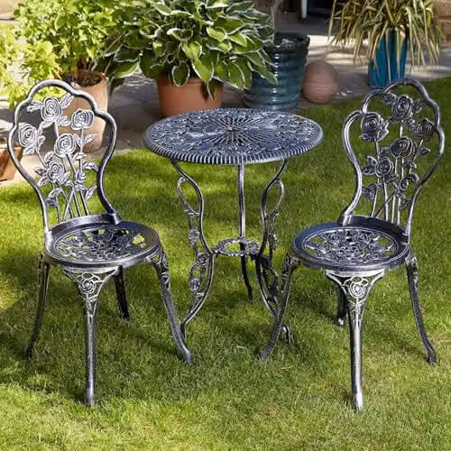 Home Source Rose 3 Piece Bistro Set in Grey with Floral Design, Round Table and 2 Chairs, Powder Coated Aluminium, W/D/H: 60 x 60 x 66 cm – 1