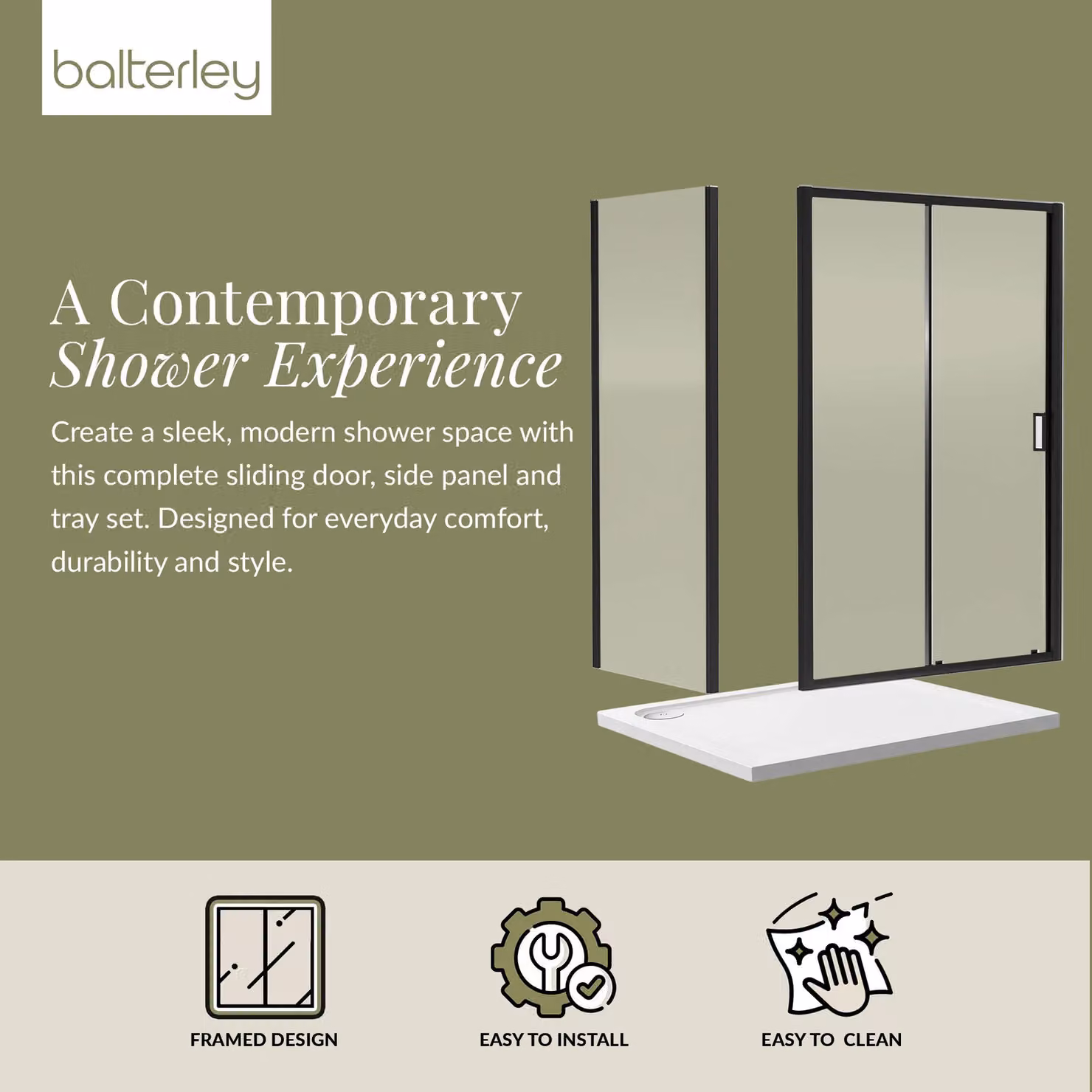 Balterley Ruwa Sliding Shower Suite with Rectangular Tray and 6mm Glass Door Panel, Black, W: 120 cm, D: 70 cm, H: 19 cm – 2
