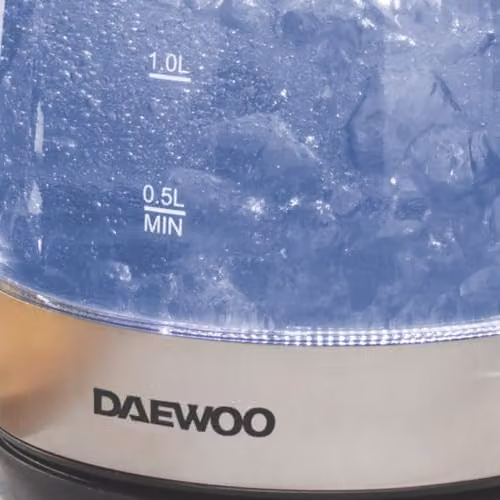 Daewoo 1.7L Glass and Stainless Steel Electric Kettle with LED Light, 2200W Fast Boil and Auto Shut-Off in Transparent Blue – 4