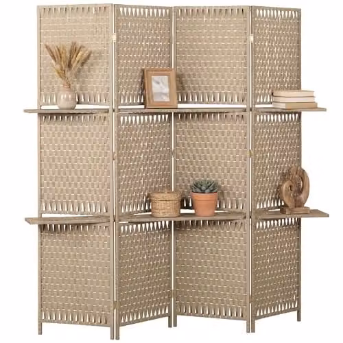 HOMCOM 4-Panel Folding Room Divider with Storage Shelves in Brown and Beige, Height: 180 cm – 1