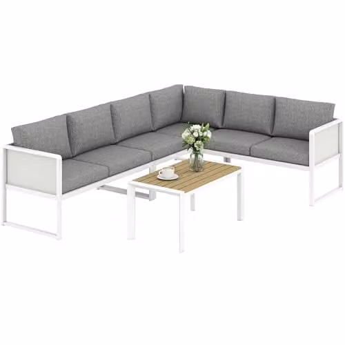 Outsunny 6 Seater White Metal Garden Furniture Set with L-Shape Corner Sofa, 2 Seater Sofa, and Coffee Table, W/D/H: 120 x 60 x 62.5 cm