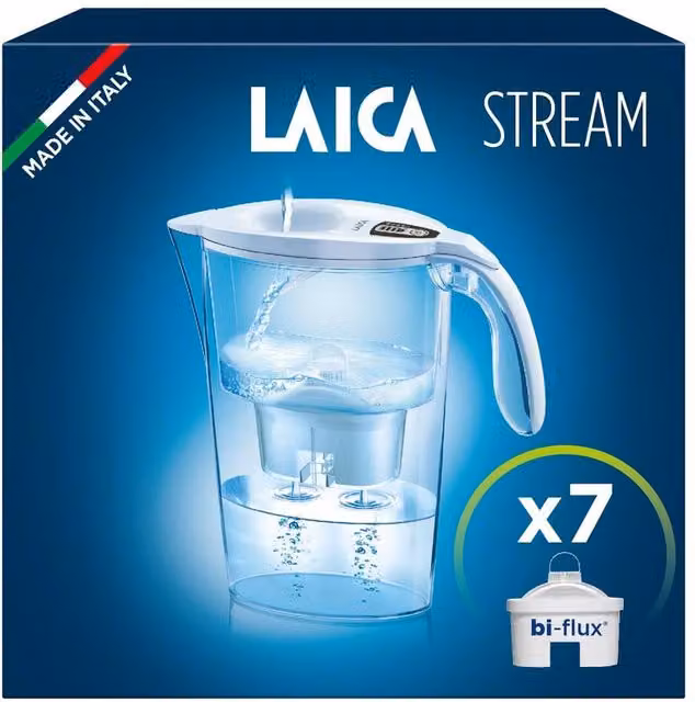 LAICA Stream Line Water Filter Jug and 7 Bi-flux Cartridges, White, 2.3 l