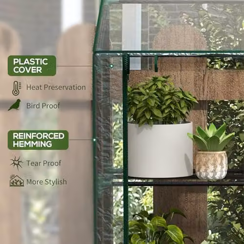 Outsunny Lean-to Mini Greenhouse with 3 Tiers and Roll-up Doors, Transparent, W/D/H: 143 x 46 x 151 cm – 3