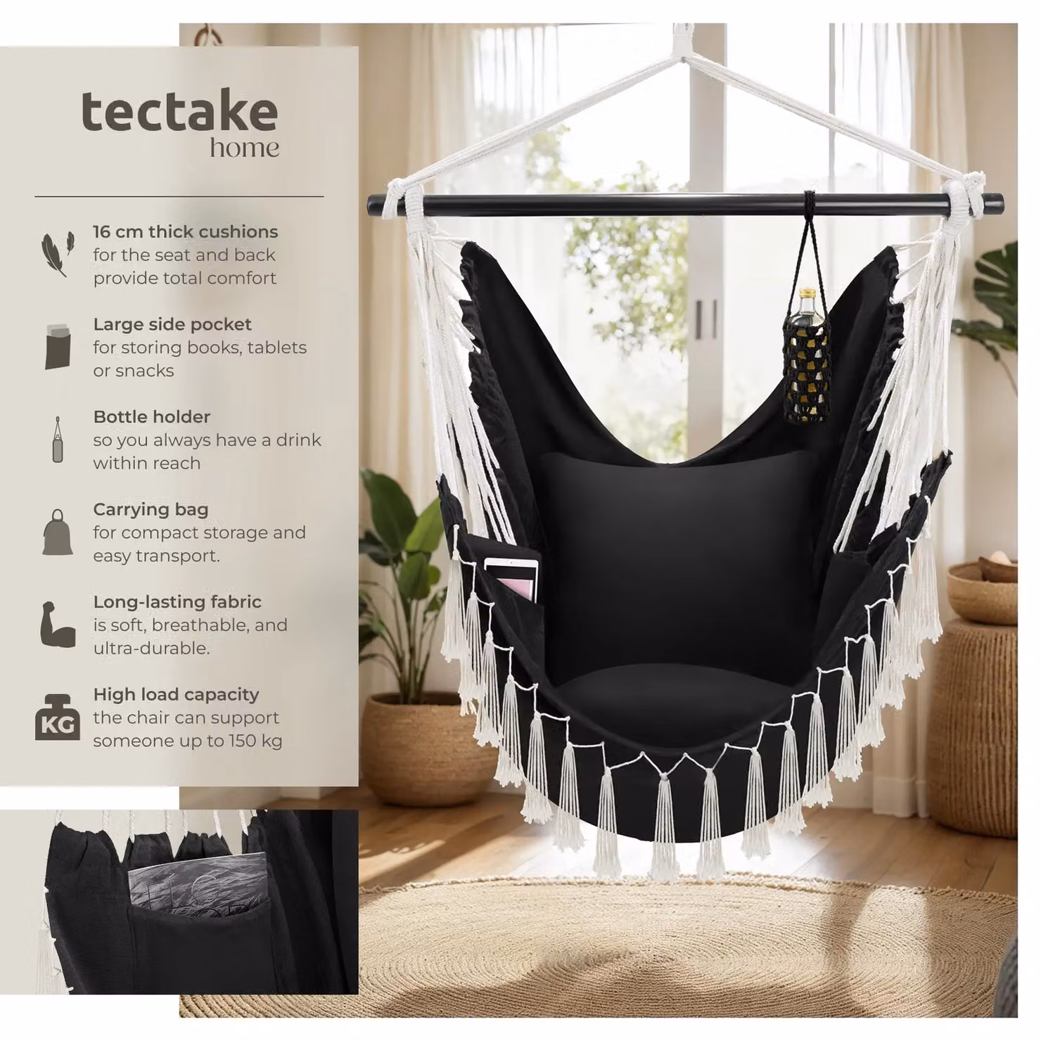 tectake Malika Boho Style Hanging Chair with Stand in Black – 2