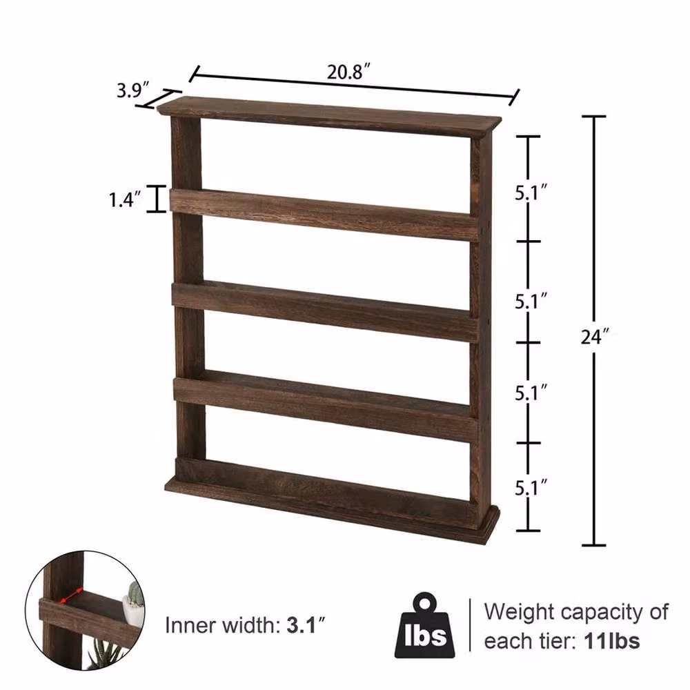 FORGEVIO 4-Tier Wooden Wall-Mounted Spice Rack and Storage Shelves in Brown/Multicolour – 2