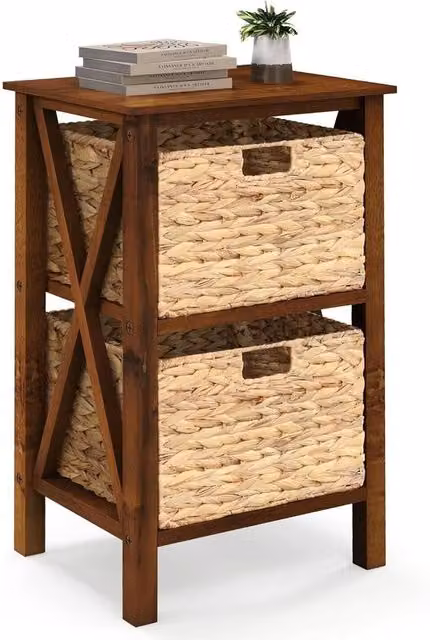 VOGREX Walnut Seagrass Basket Solid Wood Nightstand in Brown