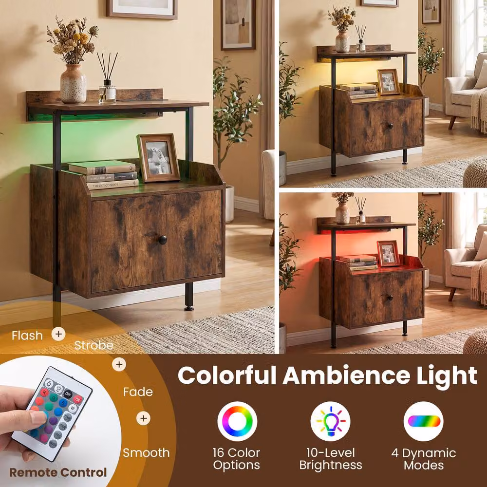Gymax Industrial Bedside Nightstand with Integrated Lighting and Charging Station, Brown – 5