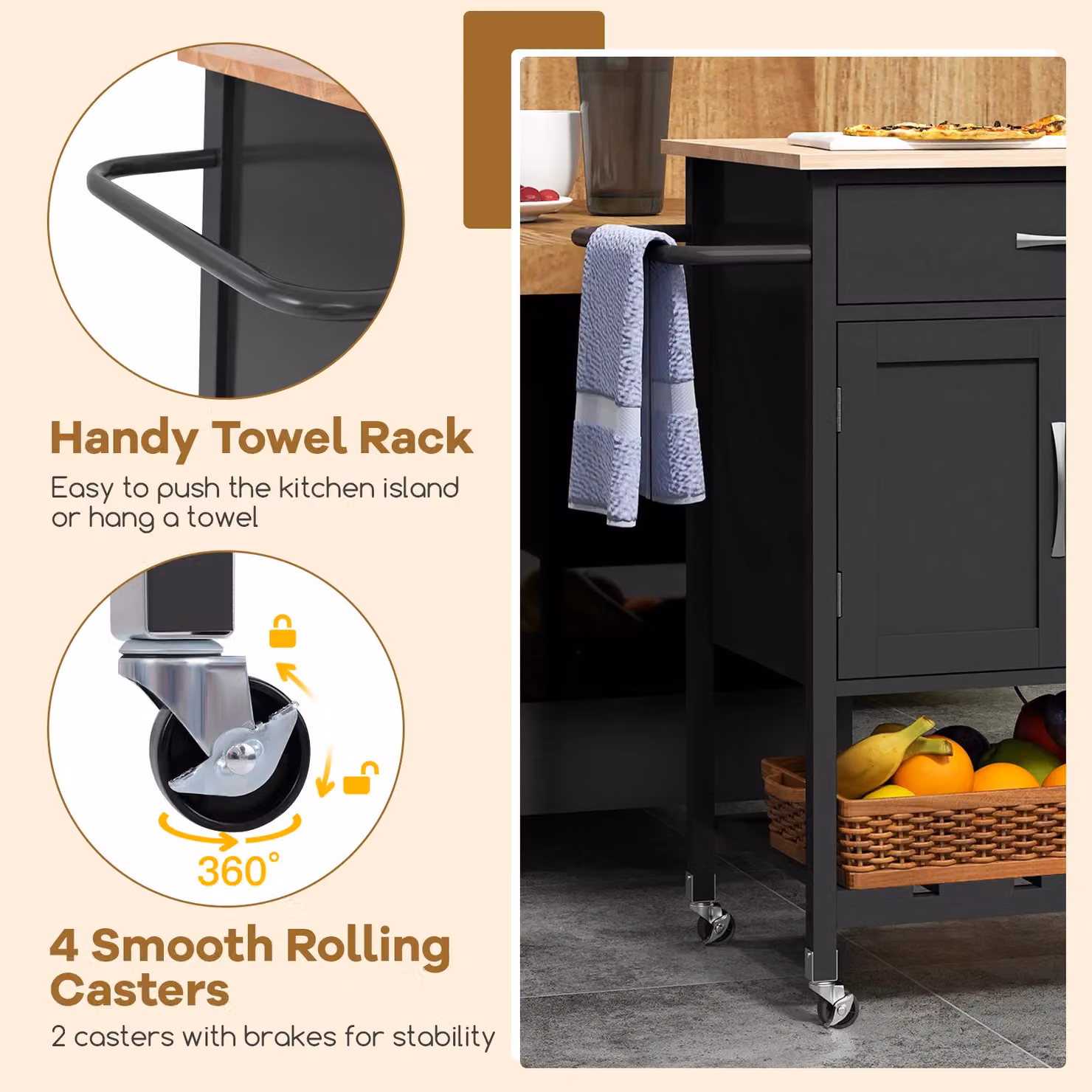 Costway Rolling Kitchen Island Mobile Serving Cart with Drawer and 2 Door Storage Cabinet in Black – 6