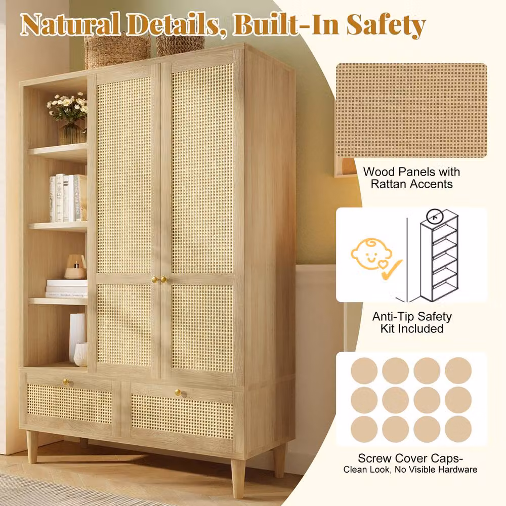 Merax Oak Rattan Effect Wardrobe with Soft-Close Hinged Doors, Open Shelves, Hanging Rail and Drawers in Natural Brown and Beige – 5