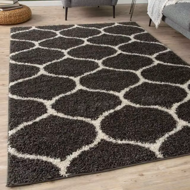 THE RUGS Soft Trellis Moroccan Shaggy Rug, Dark Grey, W: 200 cm, D: 290 cm