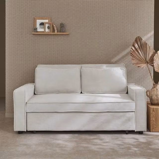 Sweek 2-Seater Corduroy Sofa Bed in Beige with Scatter Cushions, W/D/H: 172.5 x 88.5 x 65 cm