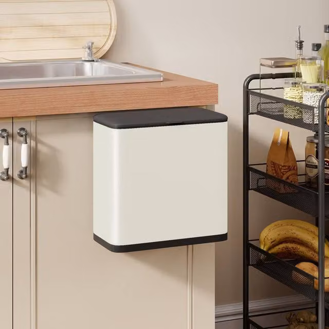 HOMCOM Hanging Kitchen Bin with Stay-Open Flip Lid and Removable Inner Bucket, Cream/Beige/White – 1