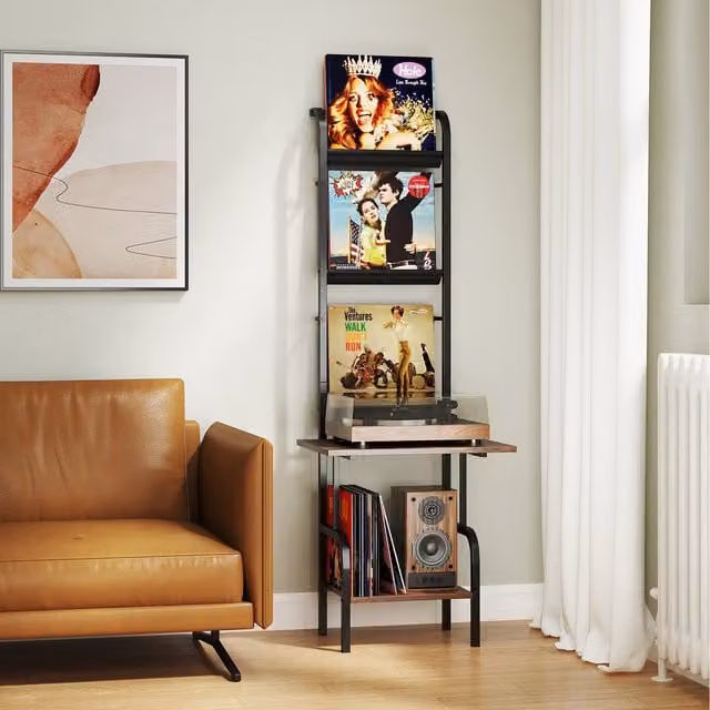COSTWAY Modern Brown Tall Record Player Stand with Wood and Metal Construction