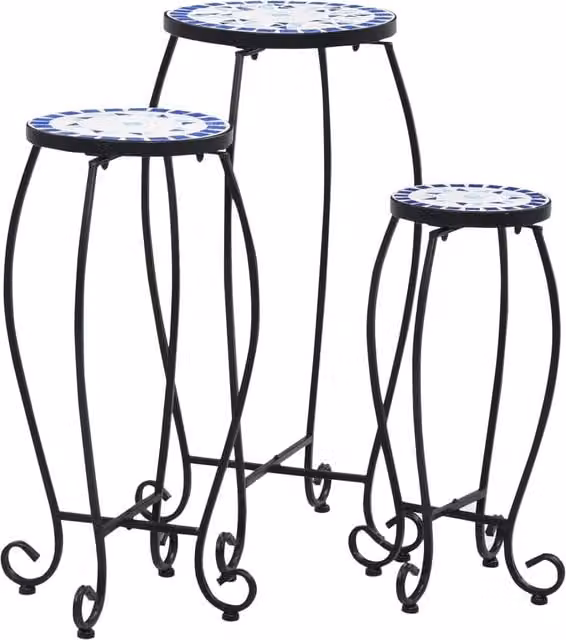 Berkfield Home Set of 3 Mediterranean Style Round Mosaic Tables in Blue and White Ceramic with Powder Coated Steel Frames