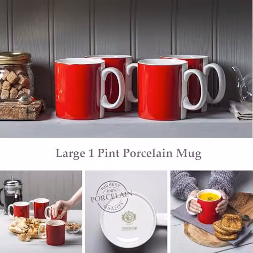 WM Bartleet & Sons 1750 Red Porcelain One Pint Mug Set of 4, 568ml – 6