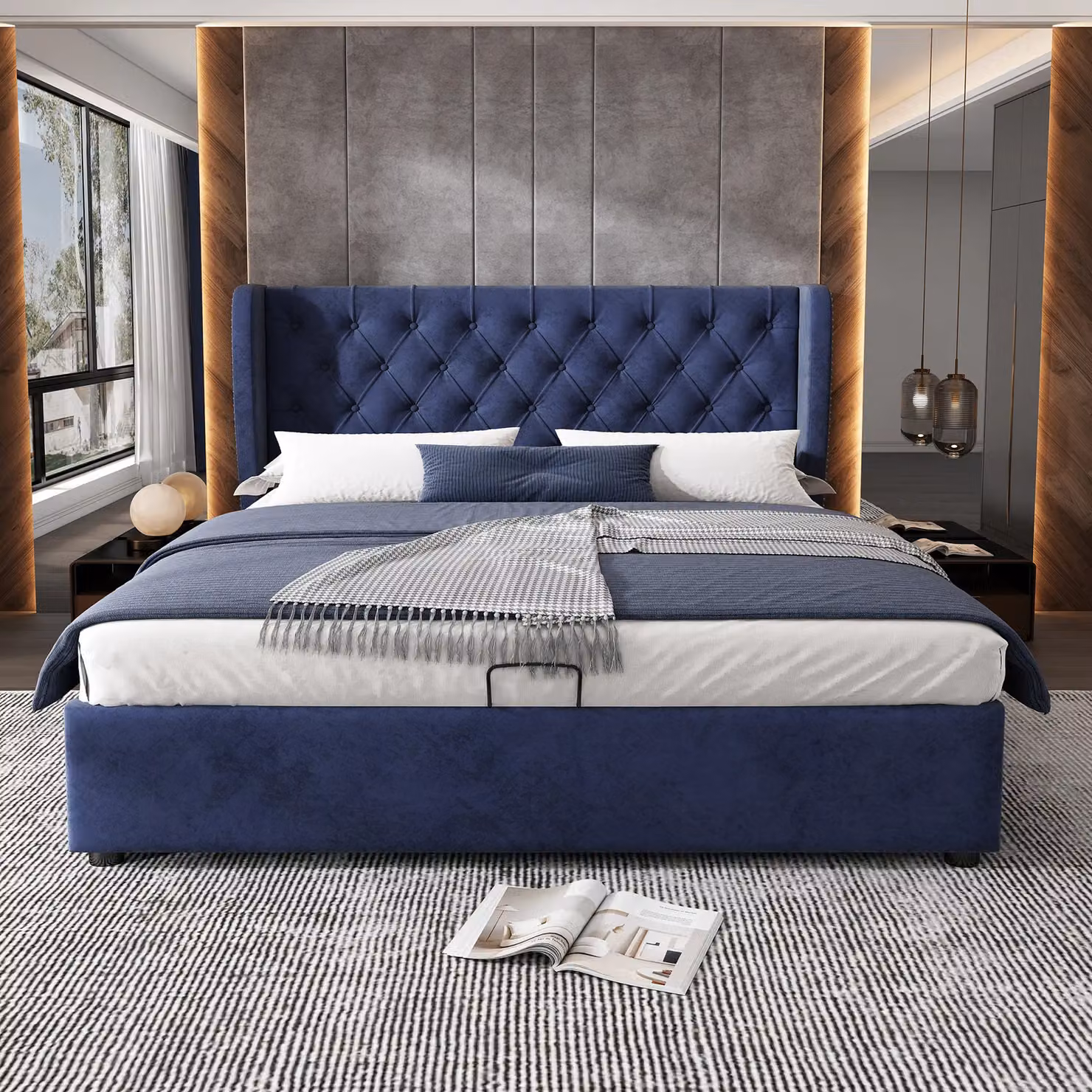 Matteo Luxurious Blue Velvet Upholstered Bed with Hydraulic Lift-Up Storage, W/D/H: 140 x 200 x 135 cm – 4