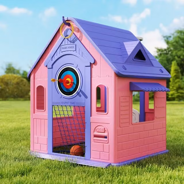 AIYAPLAY 5-in-1 Indoor Outdoor Playhouse with Hoop Football and Throwing Game, Pink