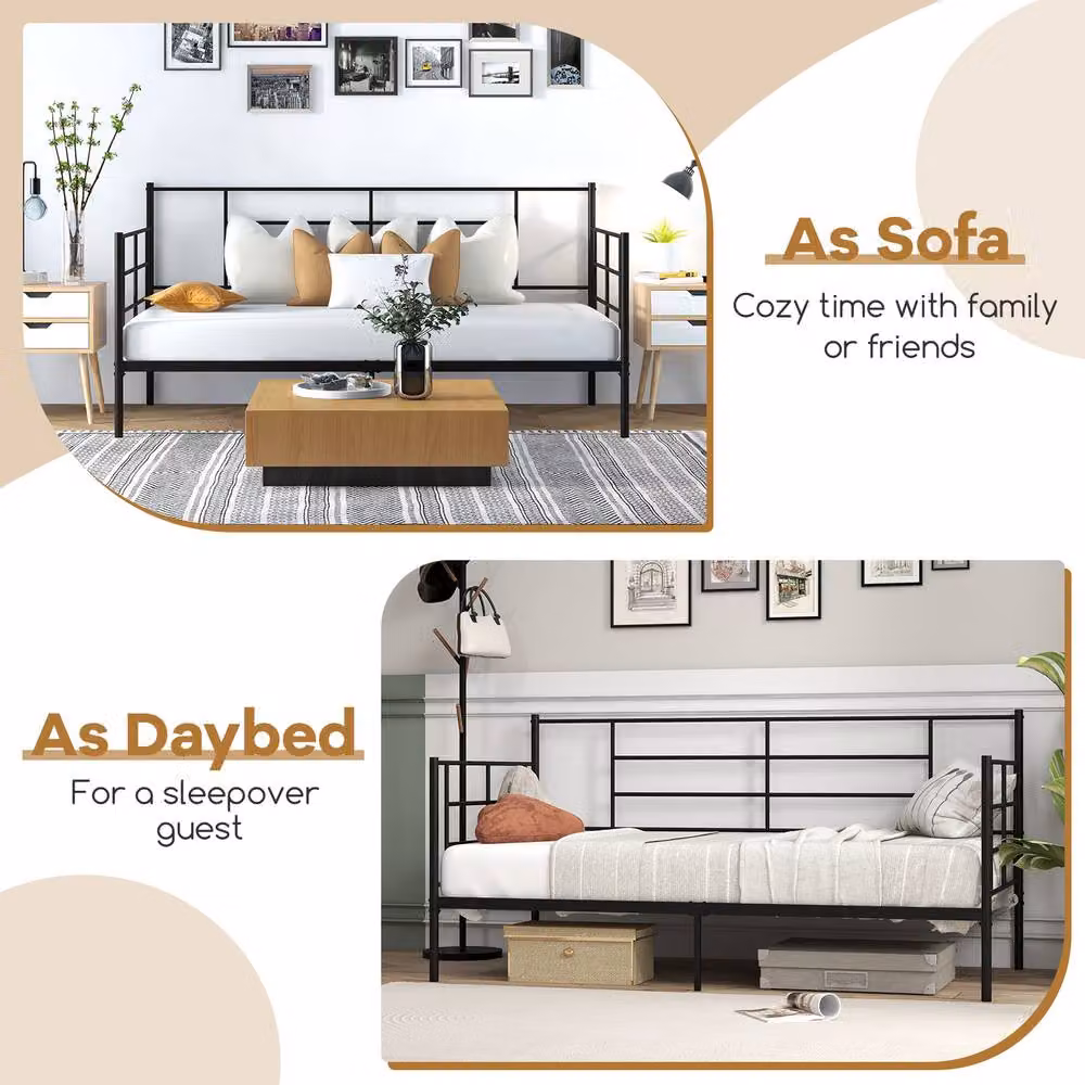 Gymax 2-in-1 Single Daybed Sofa Bed with Arms and Back, Black, W/D/H: 90 x 200 cm – 3