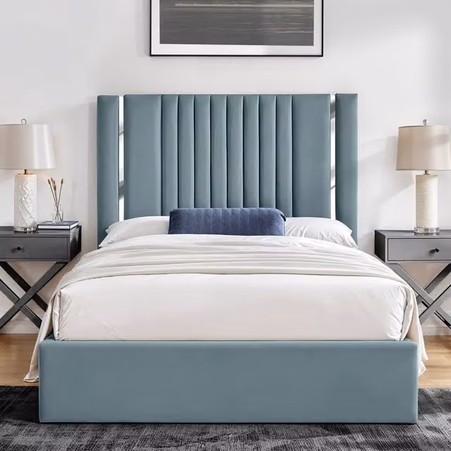 UK Bed Furniture Valencia Upholstered Slatted Base Bed with 48 Inch Panel Headboard in Light Blue, Super King, W/D/H: 200 x 200 cm
