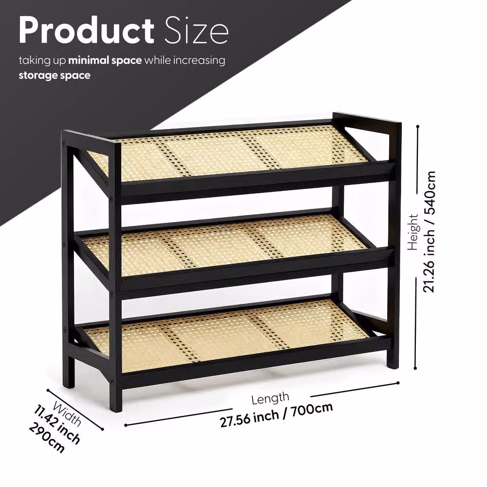 Keplin 3-Tier Bamboo and Rattan Shoe Organiser Rack in Black, W: 54 cm, H: 70 cm, D: 29 cm – 2