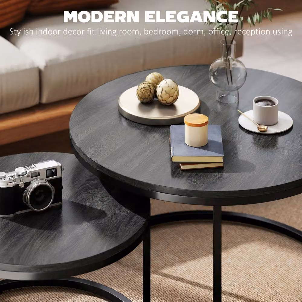 HOMCOM 2 Piece Nesting Coffee Table Set with Black Wood Grain MDF Tops and Steel Frame – 4