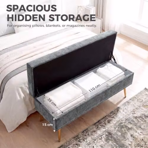 HOMCOM Grey Upholstered Storage Ottoman, W: 114 cm, D: 41 cm, H: 45 cm – 3
