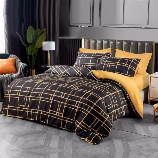 Lazzaro Home Reversible Brushed Microfibre Duvet Cover and Pillowcase Set in Gold, W: 180 cm x D: 200 cm