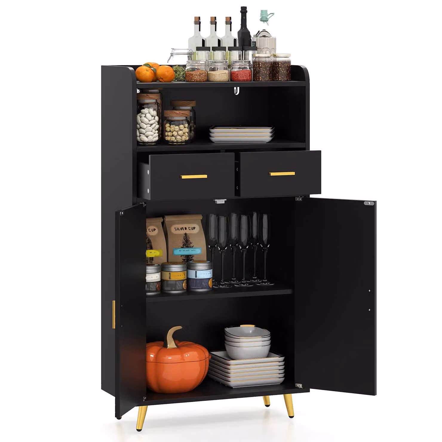 Gymax Modern Freestanding Buffet Sideboard Kitchen Cabinet with 2 Doors and 2 Drawers in Matt Black – 3