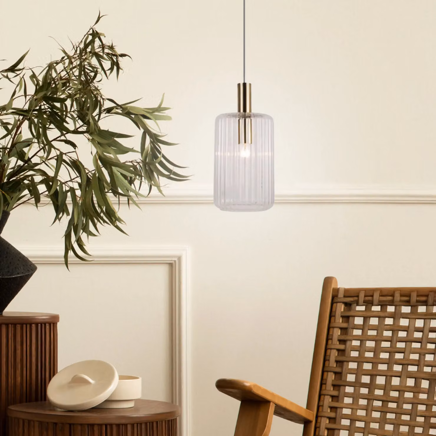 First Choice Lighting Set of 2 Fluted Glass Pendant Lights in Transparent and Bronze, Height Adjustable – 2