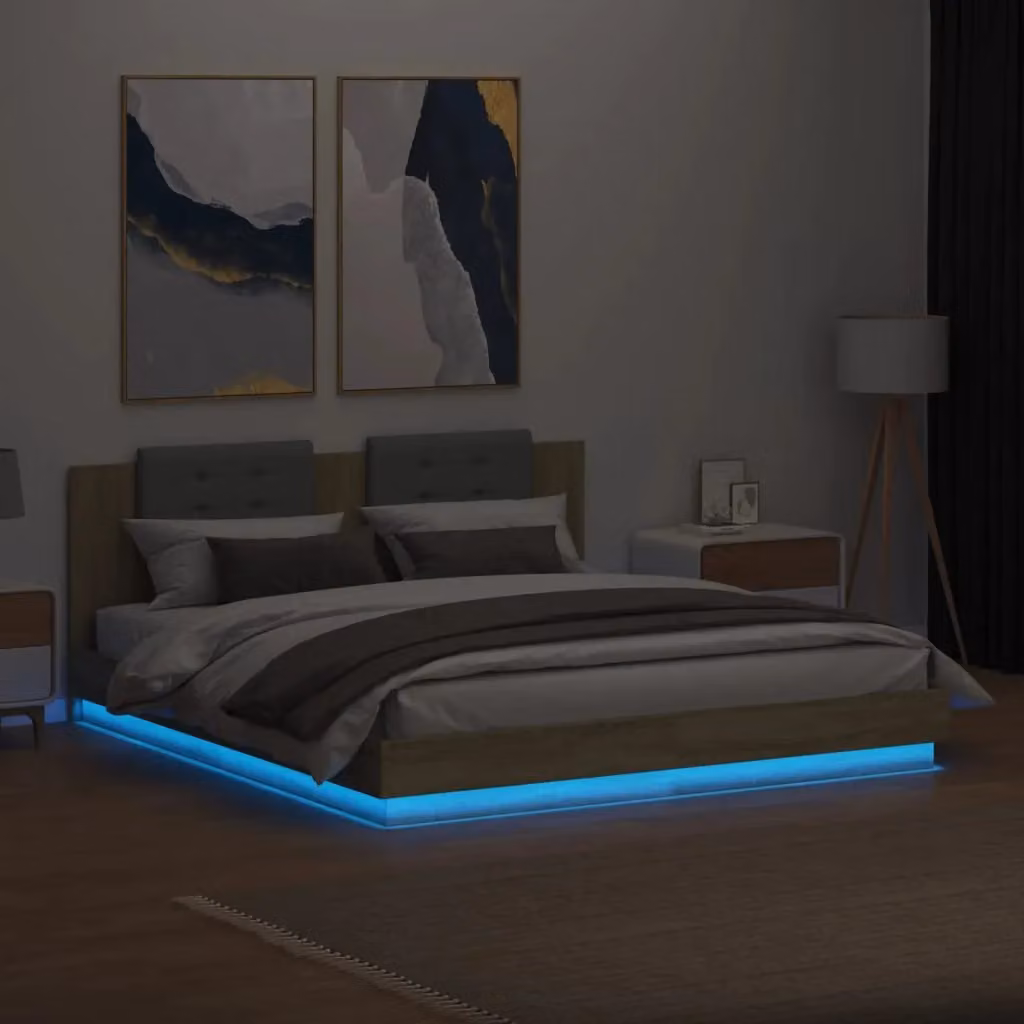 Berkfield Home Sonoma Oak Bed Frame with LED Lighting and USB Charging Port, Brown, 200 x 200 cm – 3